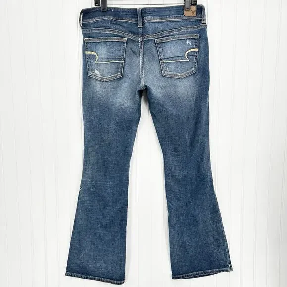 American Eagle Jeans Womens 12 Kick Boot Blue Denim Distress Grunge Western EUC - Picture 2 of 13